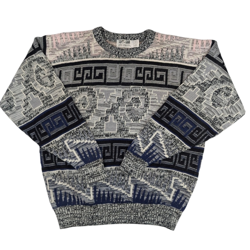 Vintage 90s City Streets Mixed Textured Acrylic Knit Bold Crewneck Sweater. XL